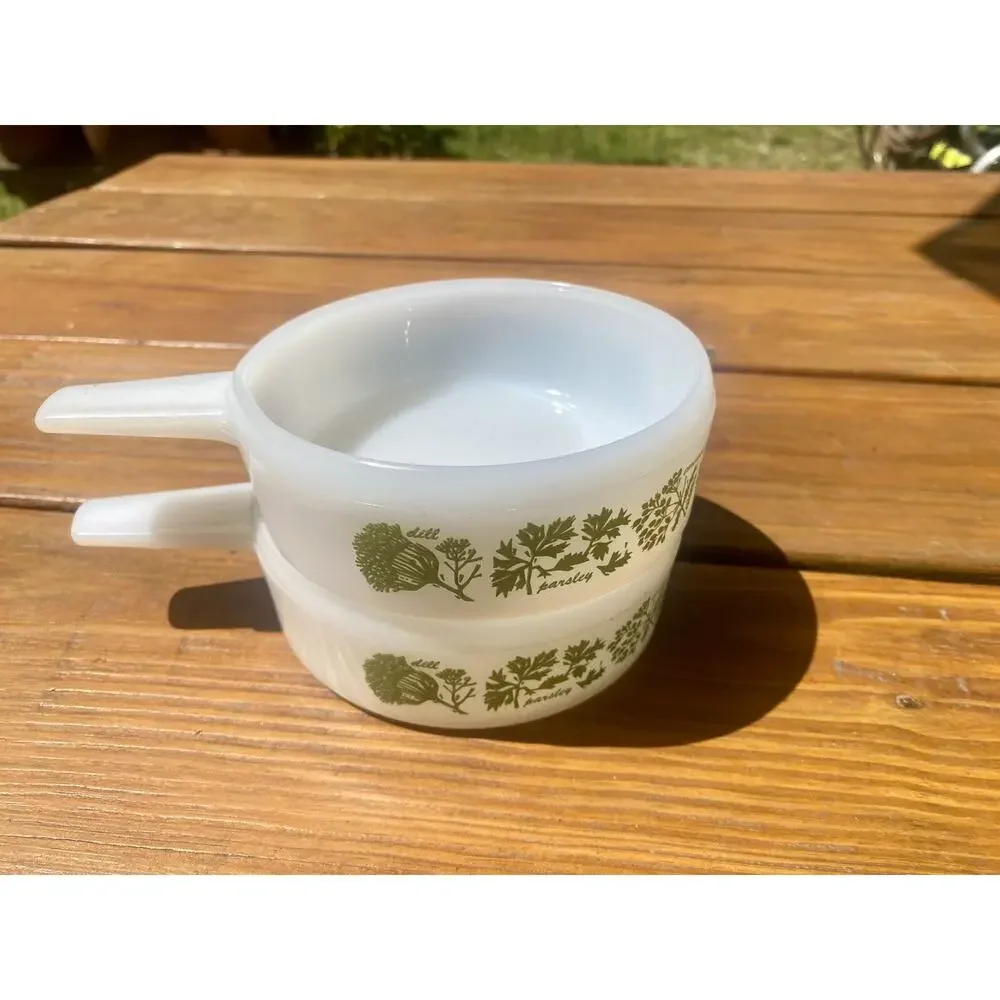 Vintage Glasbake McKee Green Herbs Handled Soup Bowls J-2639 Ovenware Milk Glass